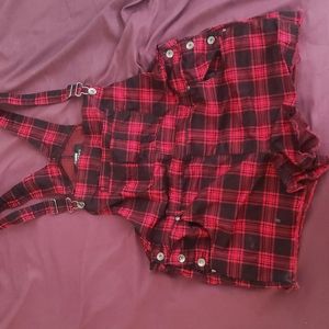 Hot Topic overall shorts plaid punk button detail